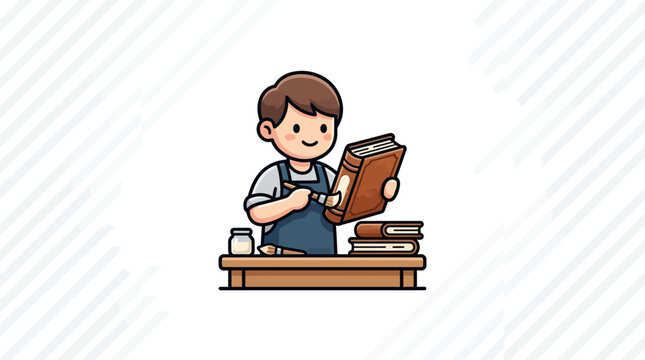 Cartoon bookbinder at work with tools on wooden desk isolated background