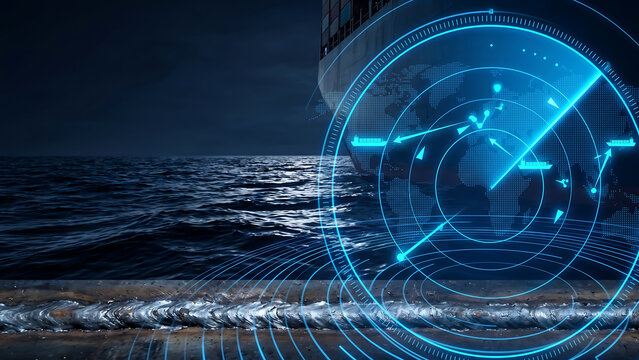 Ship Hull View of Maritime Logistics Radar HUD Overlay Tracking Cargo Paths