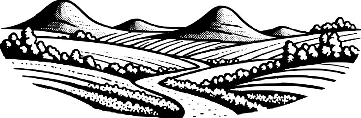 Obraz premium Vintage black and white rural landscape with rolling hills and winding river