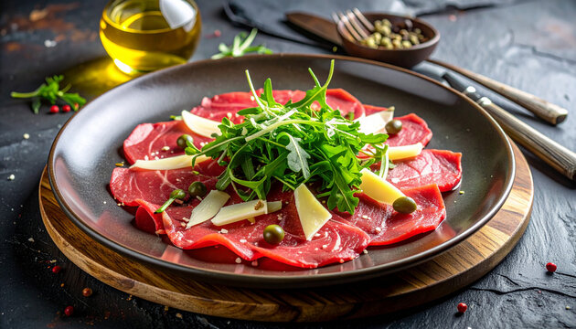 Beef carpaccio dish garnished