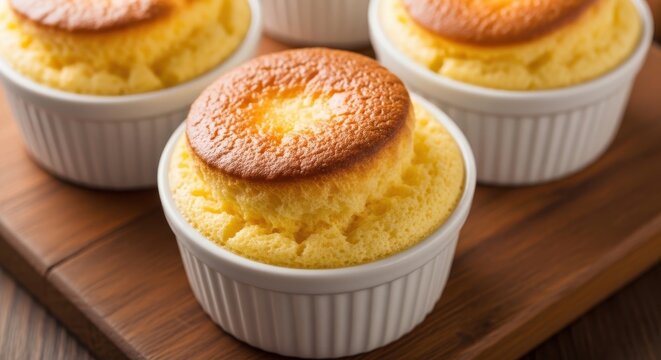 Freshly baked golden souffls in white ramekins on a wooden board