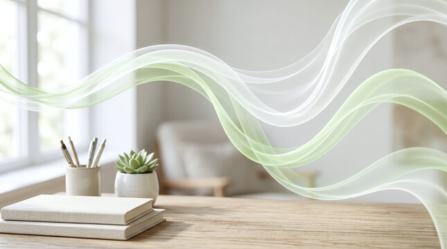 Abstract flowing waves over a bright modern office desk