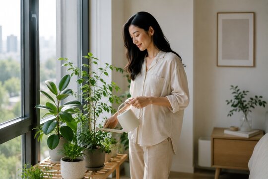 asian woman watering indoor plants near large apartment window, calm solo living lifestyle, natural daylight, minimalist home interior