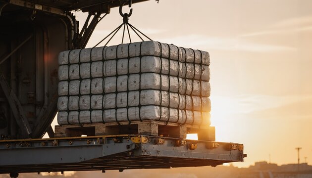 Loading cargo at sunset large bundle is being loaded onto shipping platform with the warm glow
