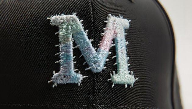 Pastel Chenille Lettering on Black Cap Close-up of pastel-colored showing texture and detail