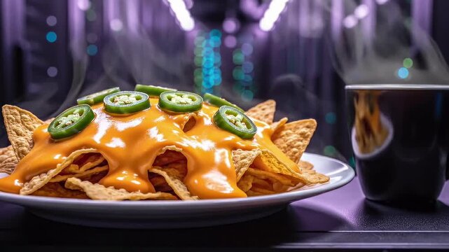 Steaming Plate of Cheese Nachos with Jalapenos and Hot Coffee on Purple Server Equipment
