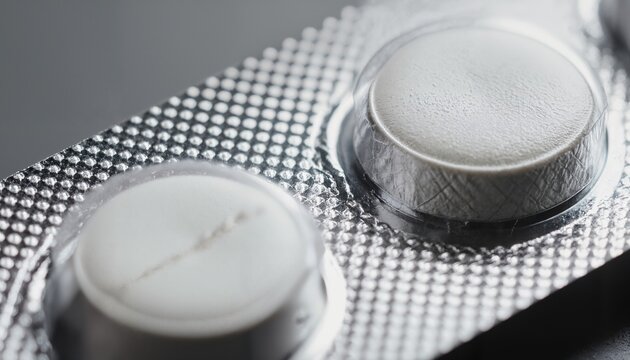 Close-up of white pills in a blister pack detailed two inside metallic highlighting the texture