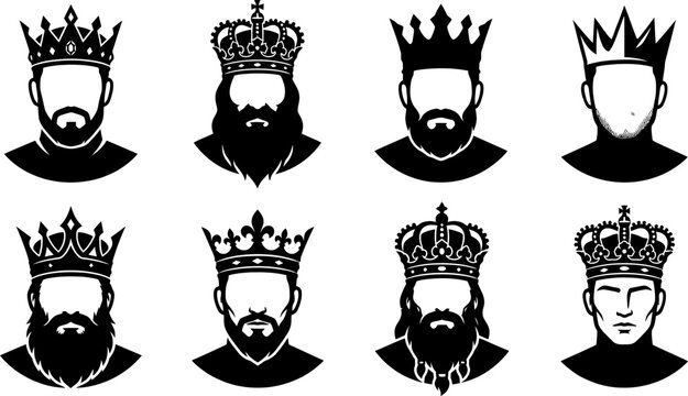 Diverse king silhouettes with elaborate crowns and beards in black and white