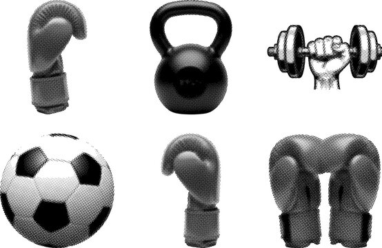 Gym and sports equipment icons including kettlebell dumbbell and soccer ball halftone illustrations