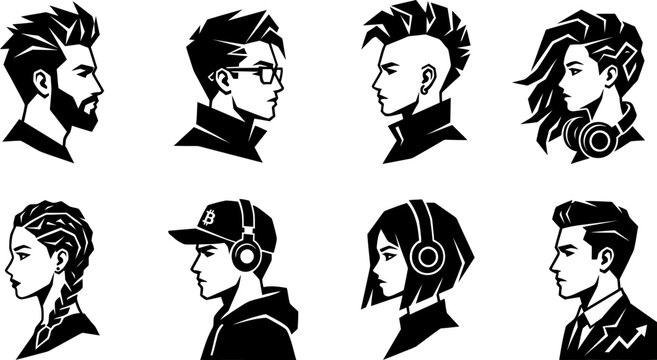 Modern profile icons of stylish men and women with unique hairstyles