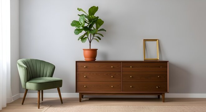 Modern Interior: Wooden Dresser, Chair, and Fiddle Leaf Fig Tree