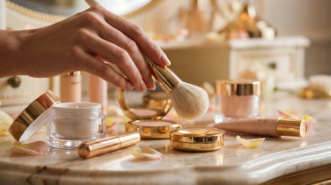 Closeup of a womans hand holding a makeup brush over a vanity table with various cosmetic products