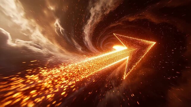 Golden arrow pointing forward amidst swirling dark vortex and particles