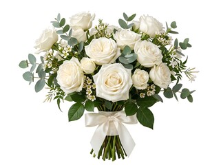 Fototapeta premium A beautiful bouquet of fresh white roses with green eucalyptus leaves and small white filler flowers, tied with a white ribbon, on a white background.