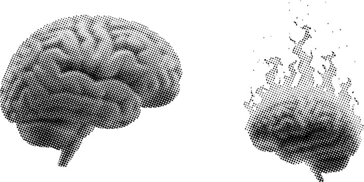Halftone brain illustrations with pixels disintegrating on white background