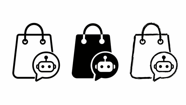 Shopping bag icon set with chatbot symbol in three styles