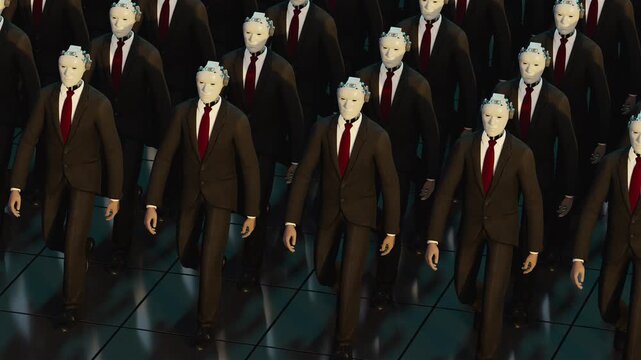 Endless 3d loop animation of humanoid robots in business suits walking together. Concept of corporate automation, future workforce and artificial intelligence taking over office jobs.