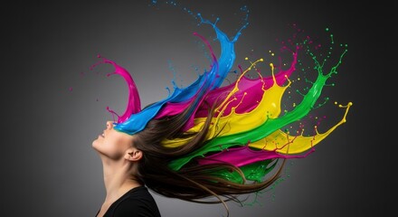 Obraz premium Woman throwing head back with colorful paint splashes