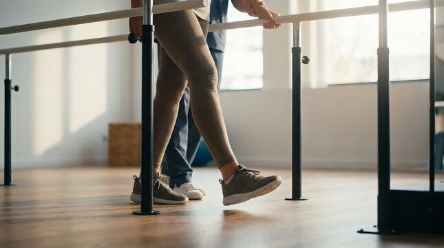 Patient Walking Between Parallel Bars During Physical Rehabilitation Therapy Session