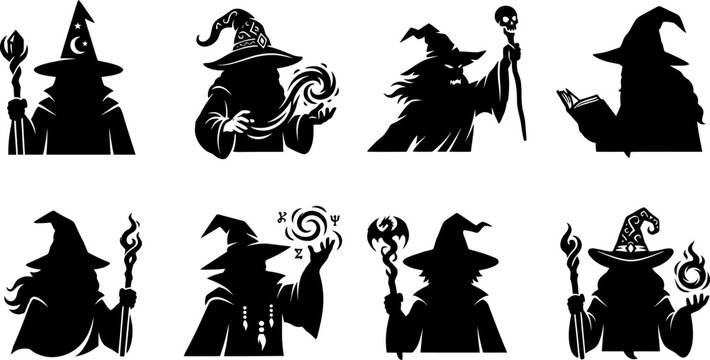 Wizard silhouettes collection magical poses and spells isolated vector illustration