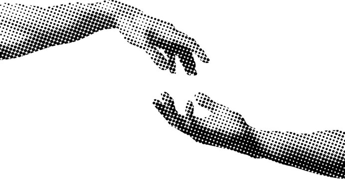 Halftone illustration of two human hands almost touching fingers