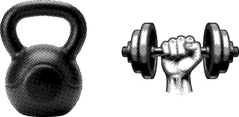 Kettlebells and dumbbells for strength training and weightlifting exercises halftone illustrations © md ruhul amin