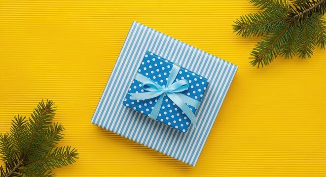 Two stacked gift boxes with blue patterns and pine branches on yellow background