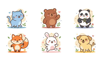 Fototapeta premium Cute kawaii baby animals collection, vector illustration of smiling cat, brown bear, giant panda, orange fox, rabbit, and happy dog.