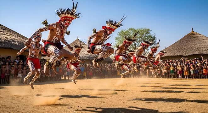 African Tribal Dancers Performing Traditional Ceremony, Jumping High