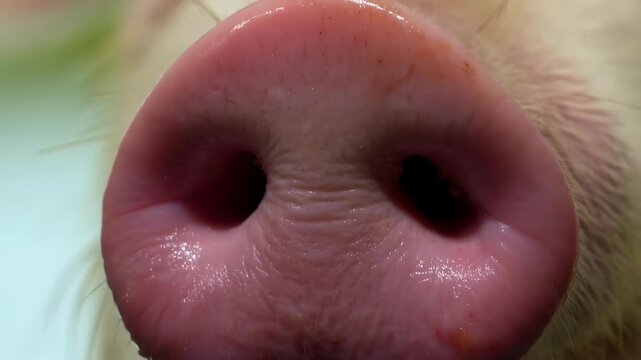 Static macro shot of pig nose with pink nostrils and fine skin texture, extreme close-up animal portrait