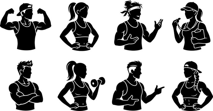 Diverse fitness enthusiasts silhouetted flexing and posing vector art