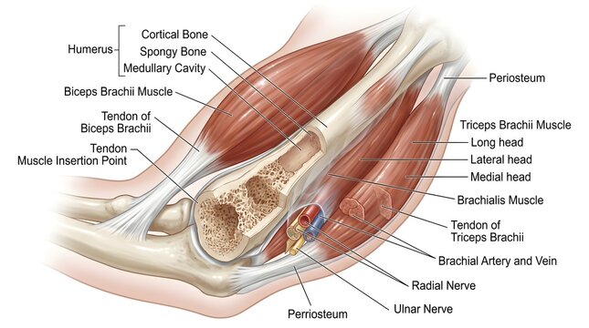 Longitudinal Anatomy of the Upper Arm: Humerus Bone, Cortical and Spongy Regions, Biceps and Triceps Brachii, Brachialis, Tendon Insertion Points, Brachial Artery and Vein, Radial and Ulnar Nerves Cov