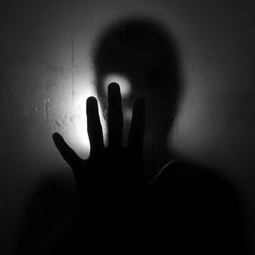 a dark monochrome silhouette of a person raising a hand in a "stop" gesture against a bright, back-lit misty background.