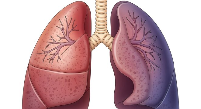 3D illustration of human lungs with blood vessels and bronchial tubes.
