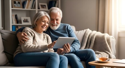 Obraz premium Happy Senior Couple Using Tablet at Home