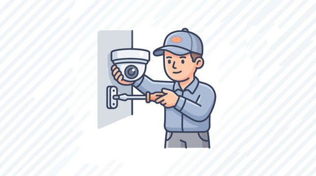 Technician installing security camera vector illustration for security system