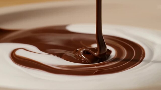 Static shot of dark liquid chocolate poured onto smooth white surface forming glossy spiral swirl pattern