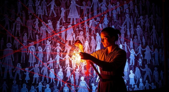 Woman weaving glowing threads into vibrant tapestry in dark mystical studio with abstract light effects