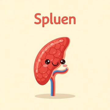 Illustration of a cartoon red spleen organ with label.