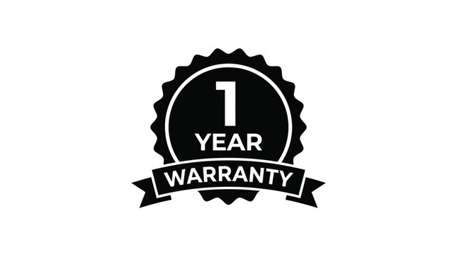 A black and white graphic illustration of a 1 year warranty badge with text and a ribbon element