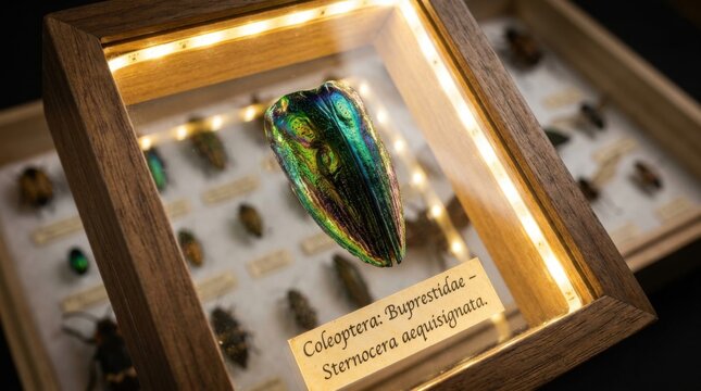 Iridescent metallic beetle wing casing of Sternocera aequisignata in a wooden display frame with LED lighting; Buprestidae jewel beetle specimen in an entomology collection.