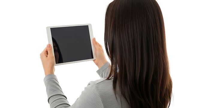 Woman holding a tablet with a blank screen in front of her face
