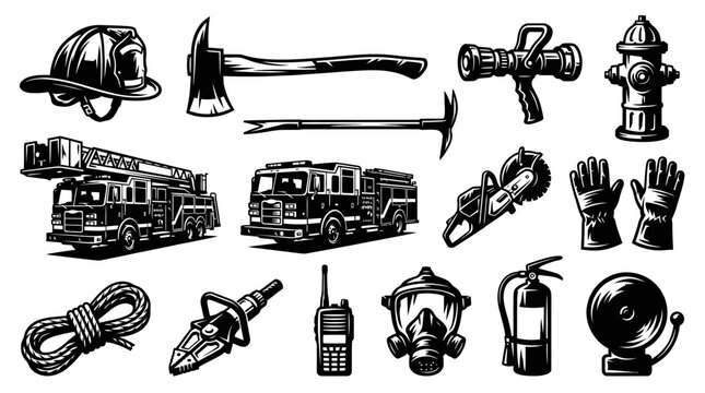 Firefighting Equipment and Tools Monochrome Vector Set - Black and White Illustration for Emergency Services