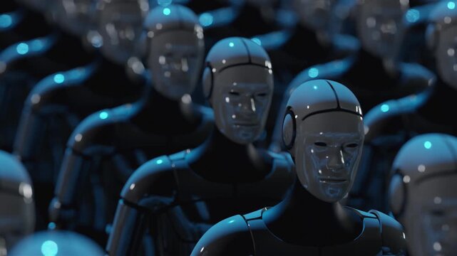 Seamless loop of an army of identical futuristic androids. Abstract visualization of artificial intelligence, cloning and technology evolution. Cinematic sci-fi atmosphere for tech projects.