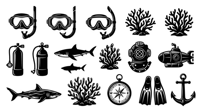 Underwater Scuba Diving Marine Life Icons Set. Ocean Exploration Black White Glyph Vector Elements.