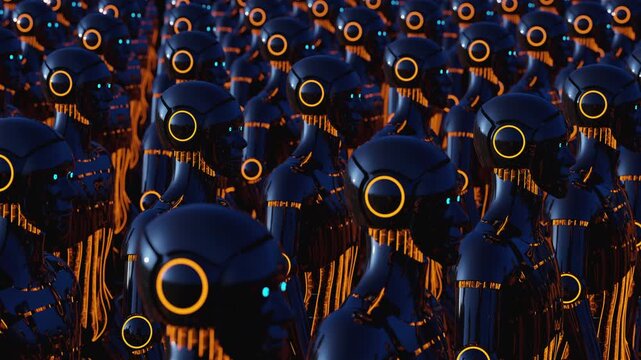 Futuristic VJ loop featuring an endless crowd of identical cyborgs. High-tech sci-fi army visualization with neon lighting. Abstract digital performance for electronic music events and festivals.