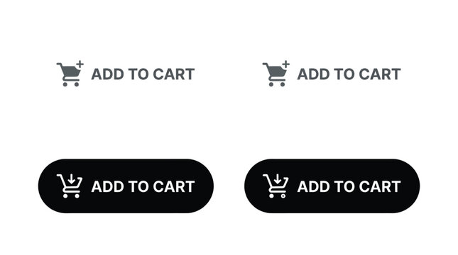 Set of four modern shopping cart buttons with the text "add to cart" presented in light and dark themes for e-commerce online shopping