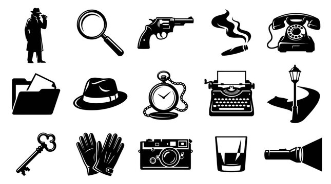 Vintage Noir Detective Investigation Black  White Glyph Icon Set of Mystery Elements