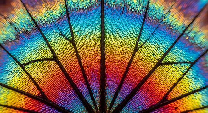 Iridescent butterfly wing macro, rainbow insect scales, colorful texture