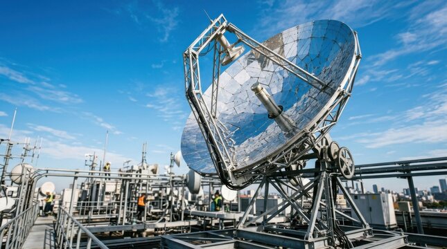 Large faceted parabolic satellite antenna with reflective mirrored panels mounted on a building rooftop alongside telecommunication towers and technicians in high-visibility gear.